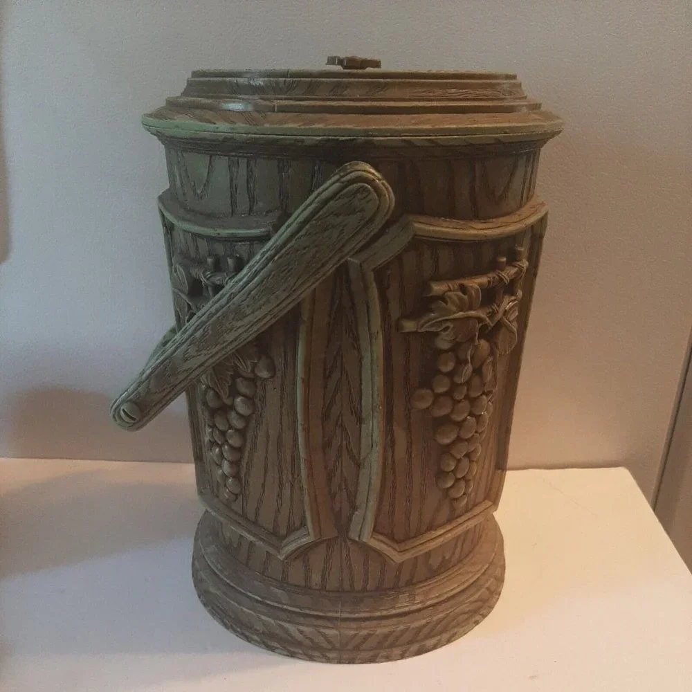 Vintage Ice Bucket Grapes Faux Wood Grain Green with Handle Molded Plastic